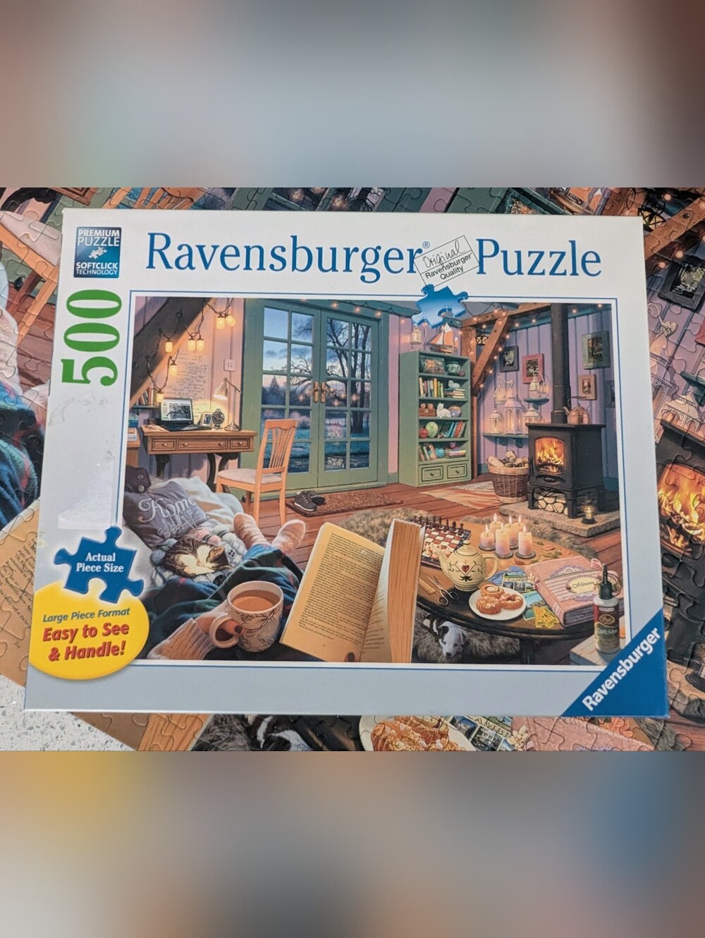 🧩 Ravensburger Cozy Retreat 500 Piece Large Format Jigsaw Puzzle Cabin Cat Dog
